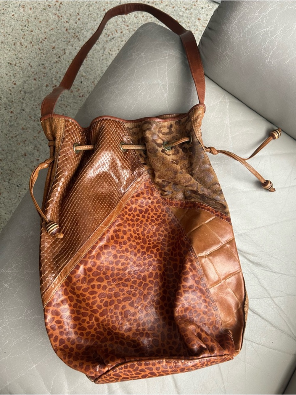 Amazing Brown Patchwork Leather and Snakeskin Drawstring Shoulder Bag